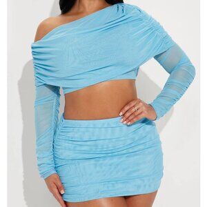 Off Shoulder Mesh Mini Skirt Set - Light Blue